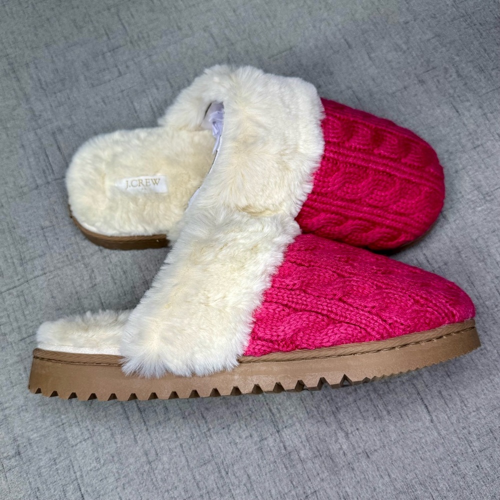 J. Crew Slippers Pink Cable Knit Fur Slippers Size 7 8 9 NWT - Picture 7 of 16